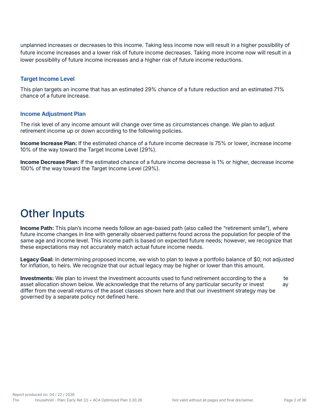 Anonymized IncomeLab income settings screen for a sample retirement financial plan.